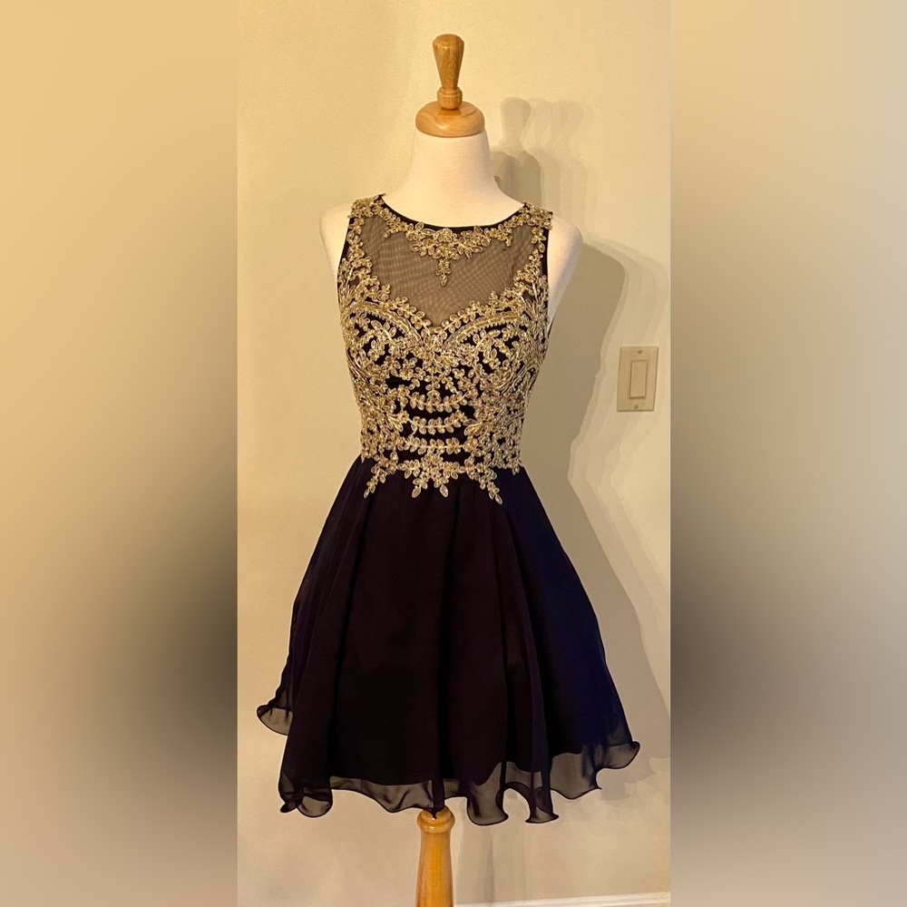 XSCAPE Gold and Navy Blue Party Dress with Beaded Accents